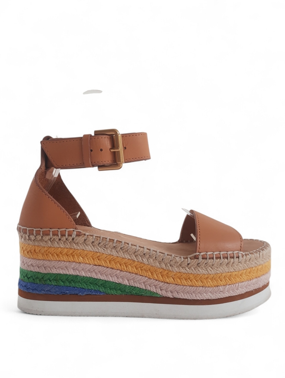 SEE BY CHLOE Rainbow Sandal Leather Jute Platform Espadrille Wedge Logo Tan 37 7 - Picture 2 of 8